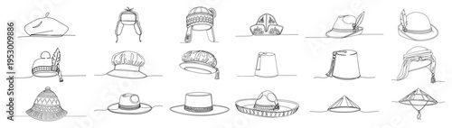 Set of diverse traditional and cultural hats from around the world drawn in a minimal continuous line art style