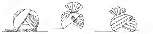 Continuous one line art collection of various traditional Indian turbans and pagri headwear styles