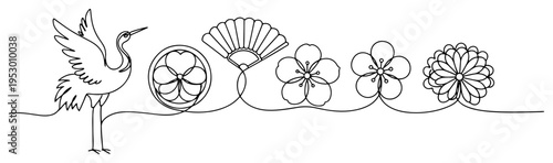 Minimalist continuous line art illustration of traditional Japanese symbols featuring a crane cherry blossoms and folding fan