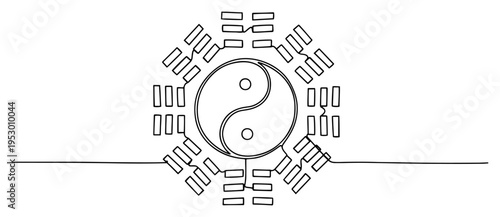Continuous line drawing of the ancient Chinese Yin Yang symbol surrounded by eight traditional Bagua trigrams