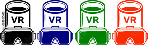 VR headsets and goggles in black blue green and orange for virtual reality technology experiences