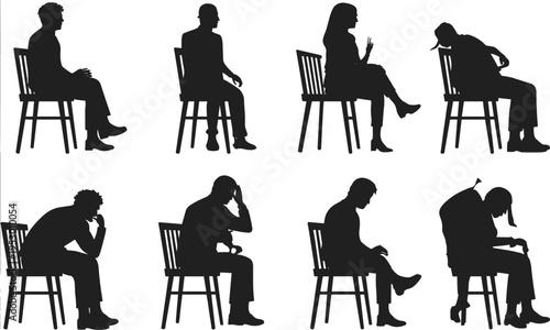 Human sitting posture silhouettes, body language variations, emotional states, ergonomic study, psychology concept, stress and relaxation positions, flat vector illustration