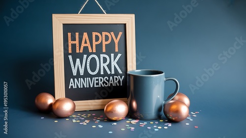 Happy work anniversary celebration with chalkboard and coffee mug