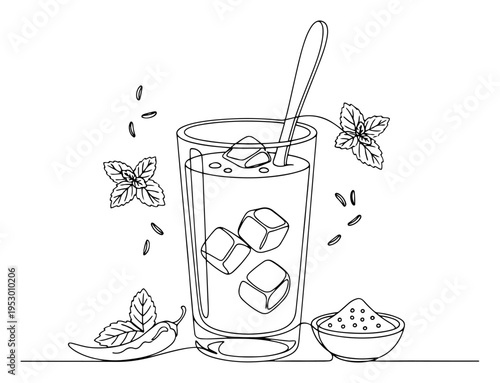 Minimalist continuous line art of a refreshing iced drink with mint chili and spices