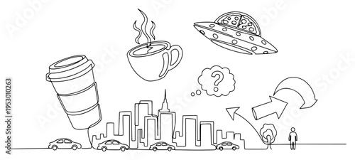 Surreal urban landscape with city life coffee cups and a UFO drawn in continuous line art style