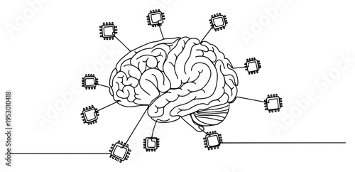 Human brain connected to computer microchips representing artificial intelligence in one line art style