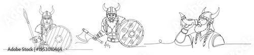 Set of viking warriors with shields and weapons in minimalist continuous one line art style