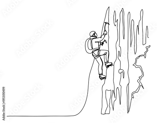 Ice climber scaling frozen mountain wall with equipment in minimalist continuous one line art style