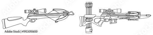 Minimalist continuous line drawing of professional hunting and tactical crossbows with arrows