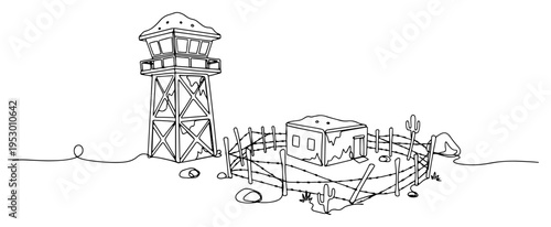 Desert military outpost with a watchtower and security fence drawn in minimalist continuous line art