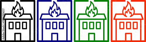 Building fire icons set in black blue green and orange representing property damage and safety