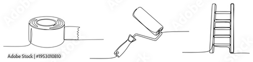 Set of home renovation tools including a paint roller ladder and adhesive tape in line art