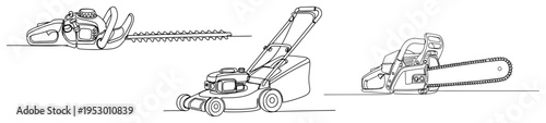 Power gardening tools set with lawn mower chainsaw and hedge trimmer in minimalist one line art style