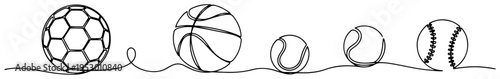 Sports balls collection including soccer basketball tennis and baseball in minimalist one line art style