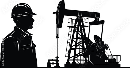 Black silhouette of petroleum engineer in hard hat looking at oil pump jack on oil field for fossil fuel energy production industry