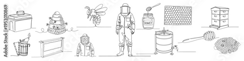 Professional beekeeping equipment and honey production set in minimalist continuous one line art style