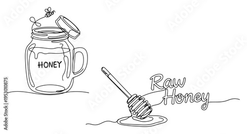 Continuous one line art illustration of a honey jar with a bee and honey dipper