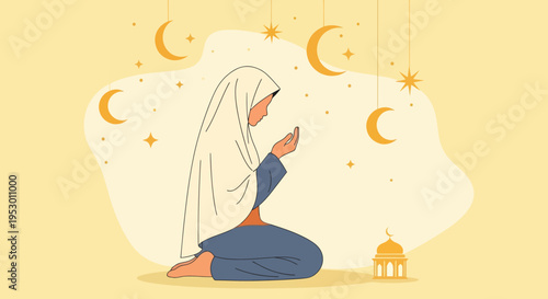 Devout Muslim woman in hijab kneeling, hands open in prayer, a serene moment of spiritual connection and faith under crescent moons