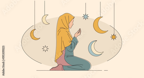Muslim Woman Praying with Crescent Moons and Stars. Islamic Spirituality, Worship, and Ramadan Concept Illustration