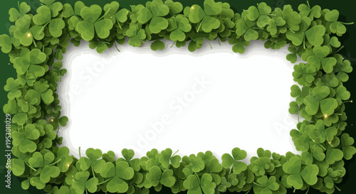 Vibrant Green Clover Leaf Frame with Empty White Space, Perfect for Festive Spring Greetings and Good Luck Messages, Nature-Inspired Holiday Border Design