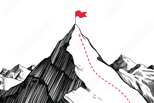 Wallpaper Mural Mountain peak illustration, black and white line art, snow-covered mountain, red flag, winding dotted path, cross-hatching texture, achievement and goal concept, clean background Torontodigital.ca