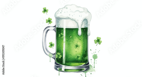 Vibrant watercolor illustration of a frothy green beer mug adorned with lucky shamrocks, perfect for festive Irish celebrations and St. Patrick's Day themes