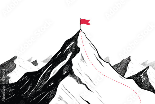 Wallpaper Mural Mountain peak illustration, snow-covered summit, minimalist black and white design, red flag at top, dotted path climbing line, textured rocky slopes, white background Torontodigital.ca