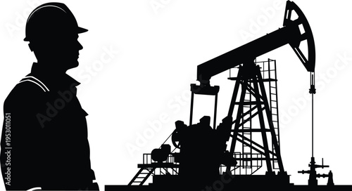 Black silhouette of oil worker in hard hat profile view with industrial pump jack on oil field for petroleum energy production industry