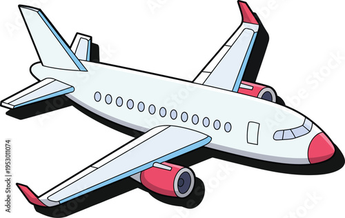 Airplane illustration, side view commercial plane, minimalist 2D design, white fuselage, red nose and engines, blue accents, wings swept back, drop shadow, white background