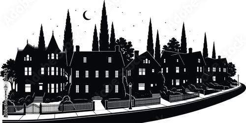 Black silhouette of Victorian houses on a street under a crescent moon and starry sky with tall cypress trees and wooden picket fences