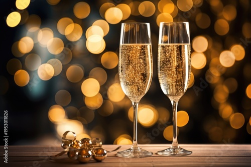Two glasses of champagne sitting on a table. Perfect for celebrations and toasting to special occasions
