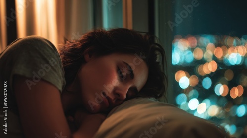Woman sleeps on a pillow by the window at night in a city with lights in the background