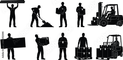 Black industrial silhouettes collection featuring workers digging, carrying heavy boxes, lifting pallets, operating forklifts, and handling construction materials isolated on a white background