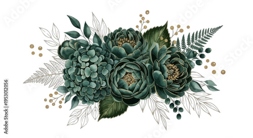 A beautiful arrangement of flowers and leaves in shades of green and gold on a white background with botanical illustration
