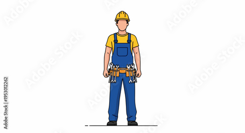 An illustration of a worker in labor wearing a yellow hard hat and blue overalls standing alone.