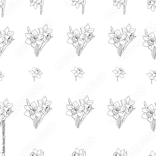 Hand drawn seamless pattern featuring daffodil flowers in various arrangements. The design showcases delicate outlines on a white background, ideal for spring themes.