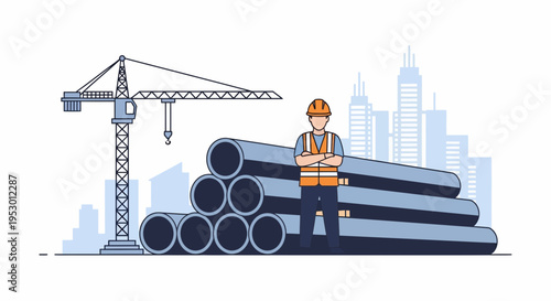 A construction worker in labor stands beside large industrial pipes near a crane