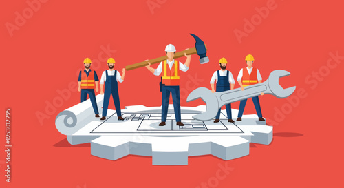 A group of labor workers in hard hats and vests standing on a large gear with tools