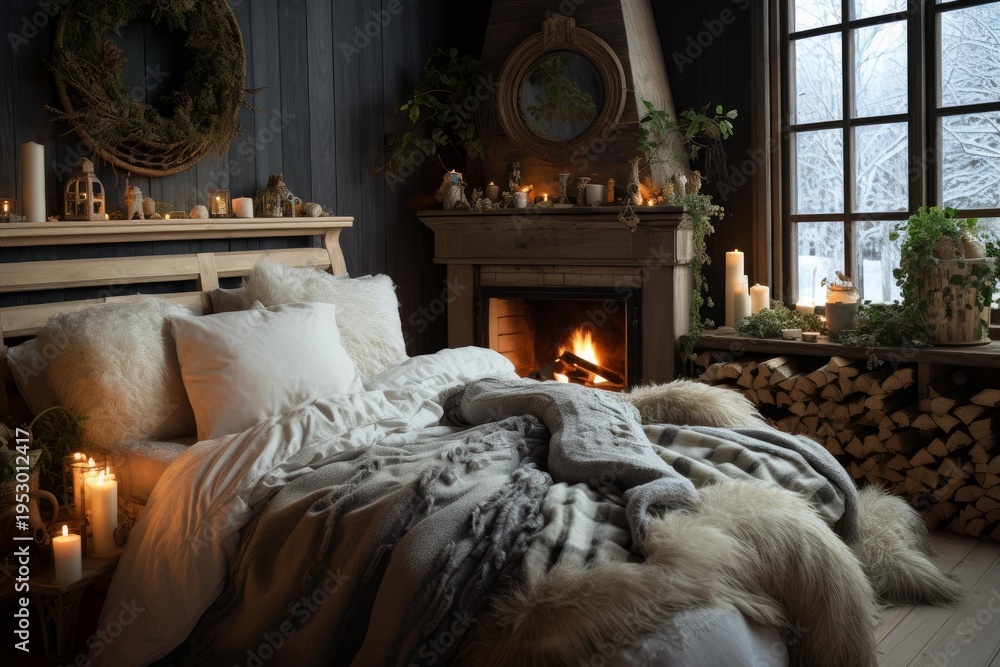 Naklejka premium Warm inviting bedroom featuring a bed, lit fireplace, and snowy landscape outside window