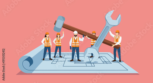 Workers labor on blueprint with tools and construction plans