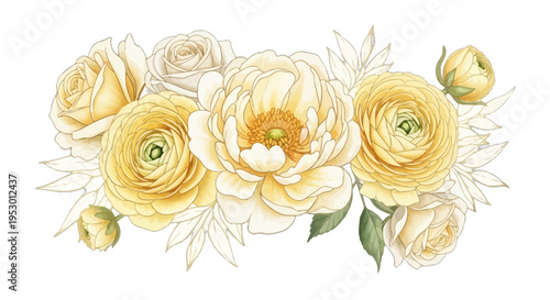 Beautiful floral arrangement of yellow roses and peonies in bloom