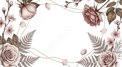 A beautiful floral arrangement of roses, ferns, and blossoms forms a wreath on a white background.