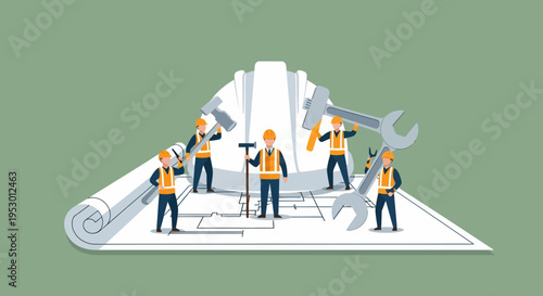 Construction workers labor on a large blueprint with tools and equipment