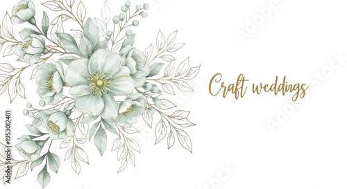 Wedding floral arrangement with gold accents on white background features flowers