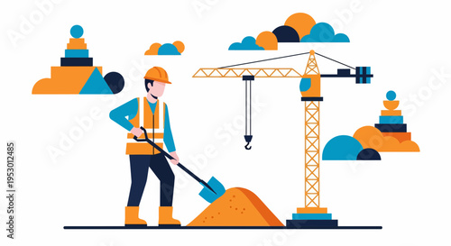 A labor worker in hard hat operates heavy machinery on construction site with crane.