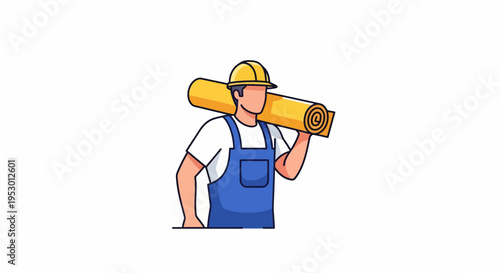 A worker in labor carries a large wooden beam on his shoulder.