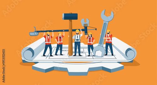 Workers labor on large gear with tools and equipment outdoors