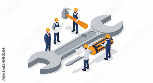 Workers labor on large wrenches with tools in industrial setting
