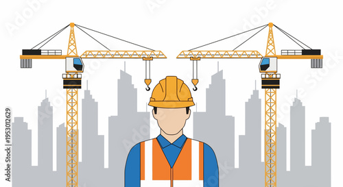 A construction worker wearing a hard hat stands in front of city skyscrapers and cranes during labor.