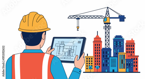 A worker in labor examines construction plans on a tablet near a cityscape with a crane.